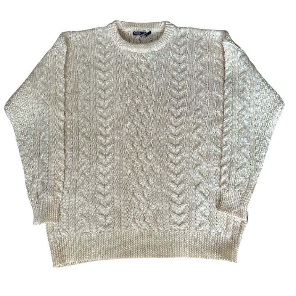 WoolOvers Men’s XL Fisherman Cable Knit Wool Sweater Cream Ivory Aran Pullover